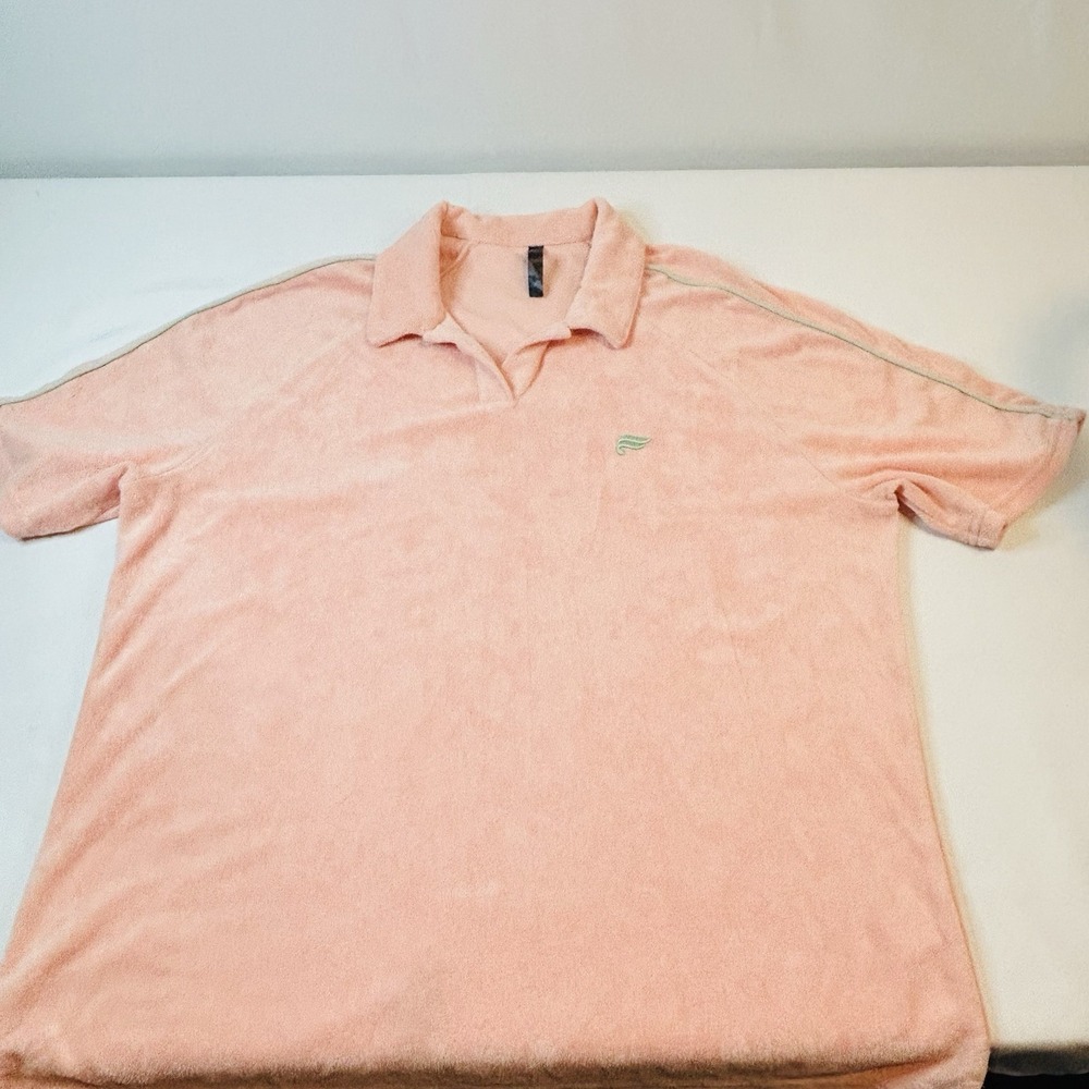 Fabletics The Island Terry Polo Pink W/Green Stripe Men’s Large - Picture 3 of 7